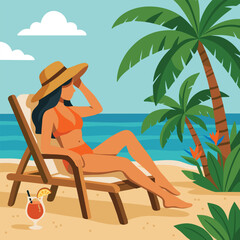 Summer beach scene with woman sunbathing in a lounger under palm trees by the sea, enjoying a tropical vacation with a cocktail.