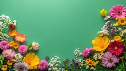Colorful spring flowers surrounded by green background with space for text, flat view. Spring floral background concept perfect for designing greeting card banner template