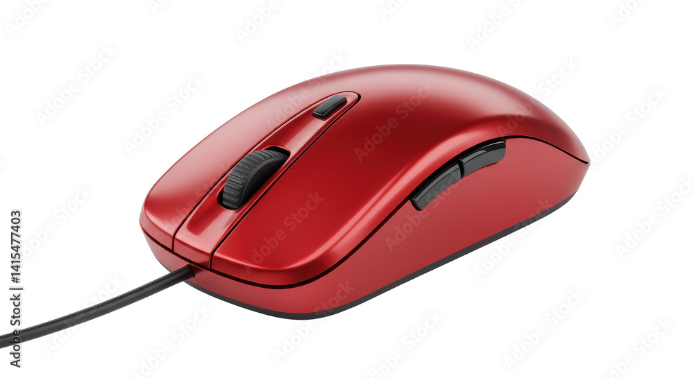 Poster close up of a shiny red computer mouse with a black cable on a black background studio shot
