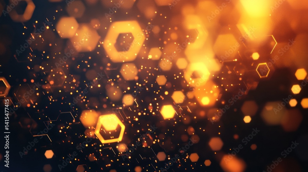 Poster golden hexagonal bokeh lights on dark background
