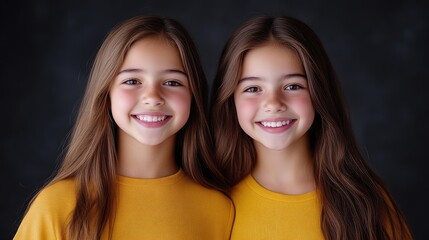 Smiling twin girls in yellow shirts