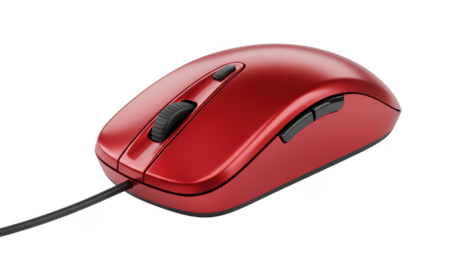 Close up of a shiny red computer mouse with a black cable on a black background studio shot