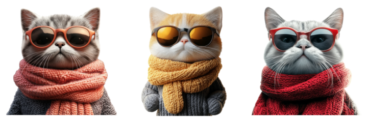 Cool cartoon cats in scarves and sunglasses isolated on transparent PNG image perfect for travel or winter-themed graphics