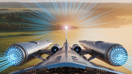 Dynamic illustration of a futuristic spaceship speeding through hyperspace. Features powerful engines and radiant energy beams, conveying a sense of advanced technology and space travel