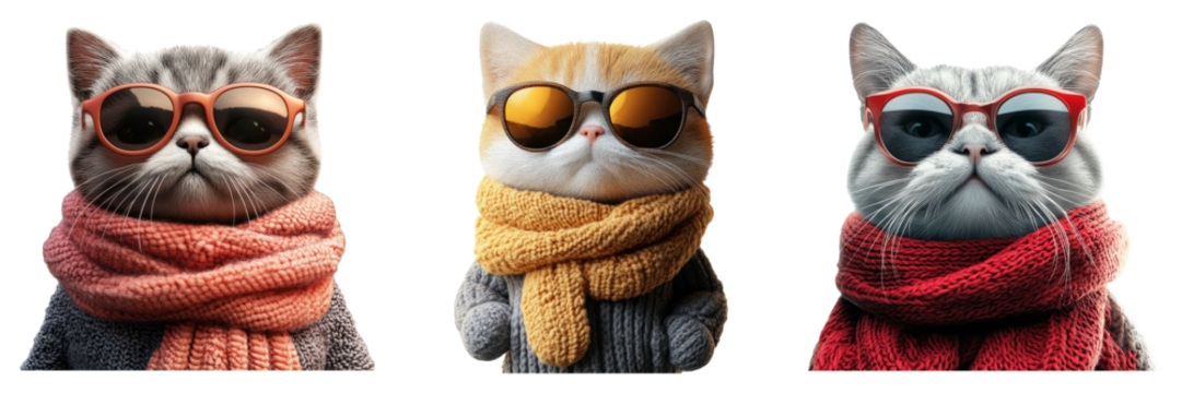 Cool cartoon cats in scarves and sunglasses isolated on transparent PNG image perfect for travel or winter-themed graphics