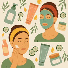A seamless pattern showing a woman applying facial skincare, surrounded by natural cosmetic products, creams, face mask and herbs. Ideal for beauty and wellness themes.