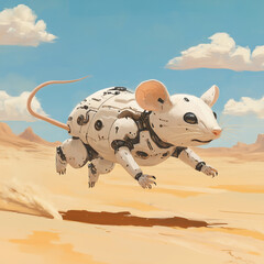 A robot mouse running through the desert. Furururistic Technologies. Illustration for banner, poster, cover, brochure or presentation design