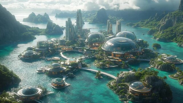 A futuristic island city with domed structures surrounded by lush greenery and turquoise waters