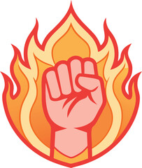  Flaming red fiery fist emblem. Clenched fist in burning fire badge or logo. Symbol strength, power vector illustration