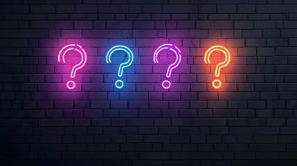 Neon Question Marks On Dark Brick Wall