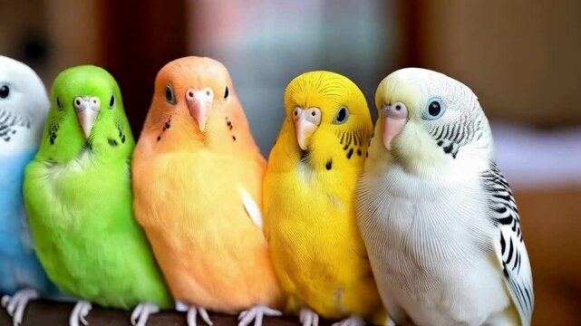 Five Colorful Budgies Perched Together ,Video 4K