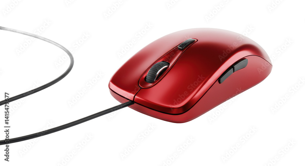 Poster a close up shot of a shiny red computer mouse with a black cord on a black background surface