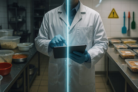 Visual contrast of food safety before and after HACCP implementation with engineer monitoring compliance using digital tablet in food production facility..