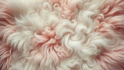 Peach and white fur texture top view. Shaggy fur texture. Wool texture. Sheep fur close up. Pink wool carpet close up	