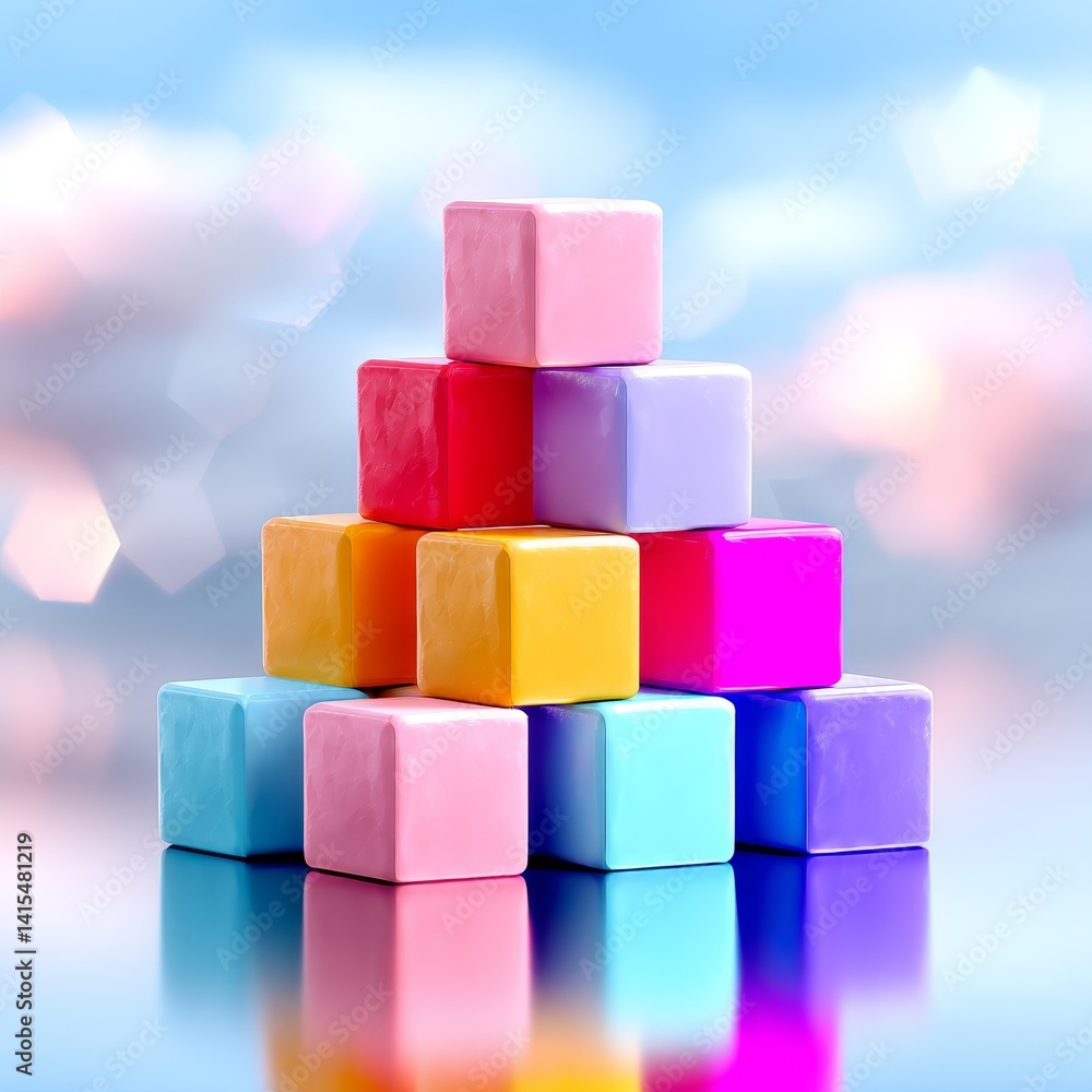 Poster creative cloud building blocks stacked in vibrant colors abstract art calm sky high-quality visual c