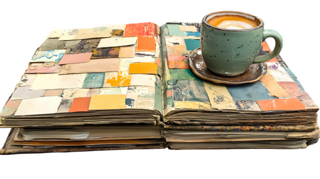 Journal stack with bookmarks, coffee ring, and paper scraps - - Powered by Adobe