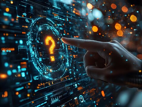 Business professional pointing toward a holographic exclamation mark - Powered by Adobe