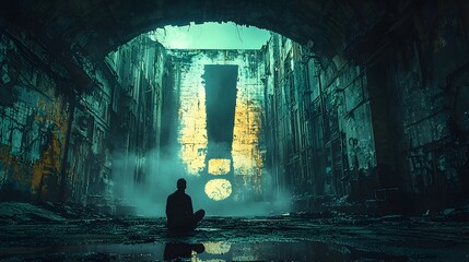 A reflective person sitting in the shadow of a massive architectural structure contemplating life in an urban setting