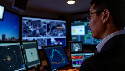 Business professional analyzing data in a high-tech control room  