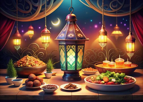 Ramadan Lantern Paper Style Food Photography: Delicious Iftar Dishes