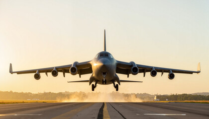 Naklejka premium Airplane taking off at sunset over the runway 
