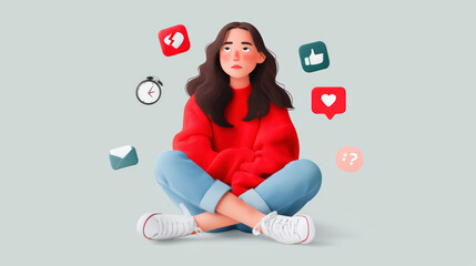 A young woman sitting cross-legged, surrounded by social media icons, looking contemplative about digital interactions.