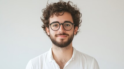 Obraz premium Young Man Smiling With Curly Hair and Round Glasses, Bright Background