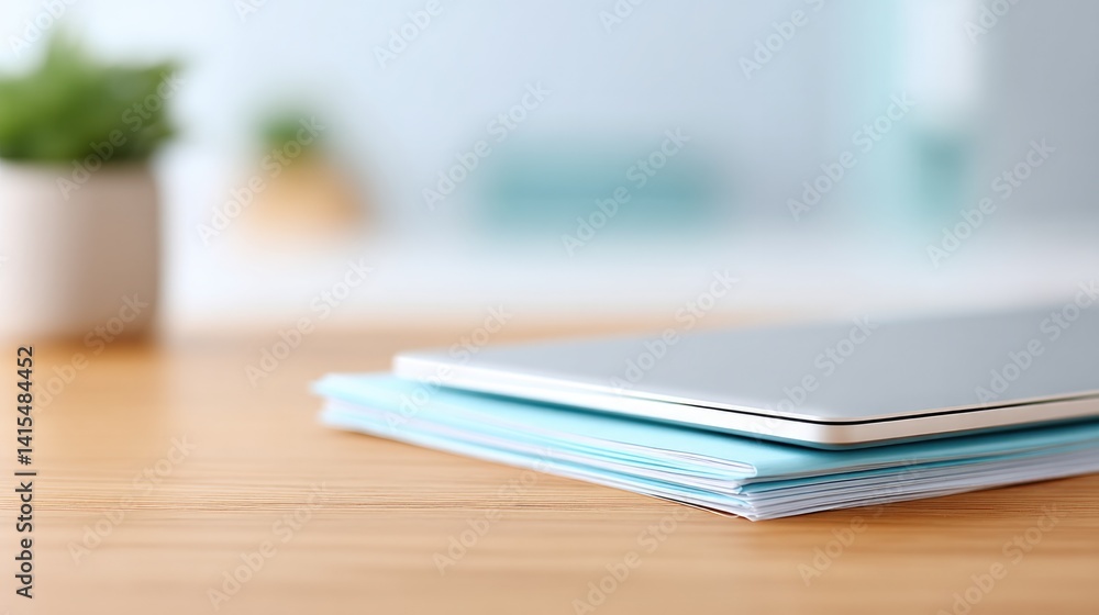 Poster empty modern office desk with clean lines featuring tidy arrangement of documents closed laptop and 