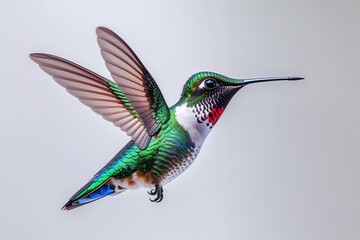 Obraz premium A colorful hummingbird hovering near white flowers with a long beak and iridescent feathers seen closely