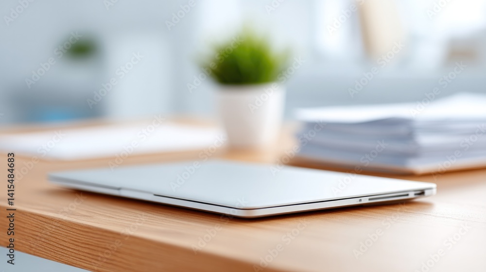 Poster empty modern office desk with clean lines featuring tidy arrangement of documents closed laptop and 