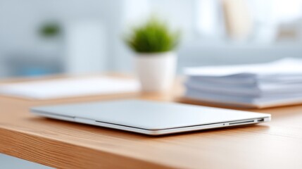 empty modern office desk with clean lines featuring tidy arrangement of documents closed laptop and neutral background
