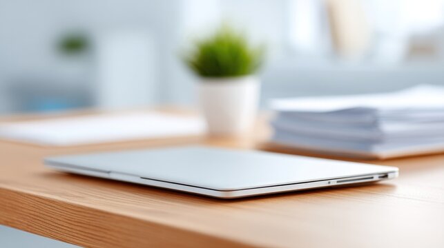 empty modern office desk with clean lines featuring tidy arrangement of documents closed laptop and neutral background