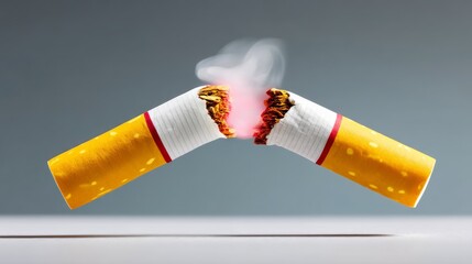 Cigarette has been lit and is burning, with the smoke coming out of the top of the cigarette. The cigarette is split in half, with the top half of the cigarette still lit
