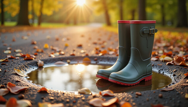 Rubber boots in puddle on autumn road at sunset