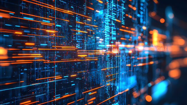Digital Data Flow Visualization: Dynamic and immersive visualization of digital data flow, showcasing an intricate network of interconnected information pathways. 
