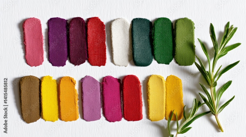 Poster row of colorful fabric swatches are laid out on a white background. the swatches are arranged in a w