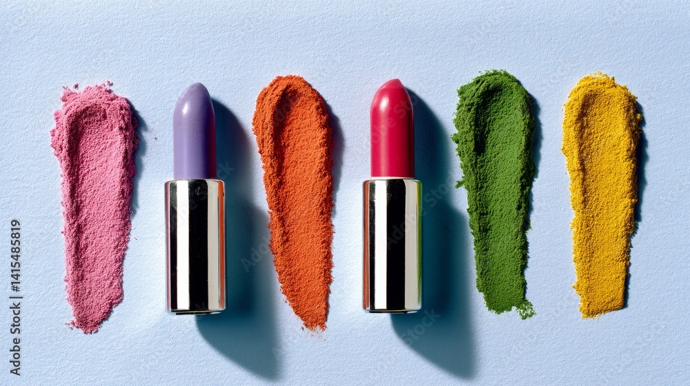 Poster row of colorful lipsticks are displayed on a table. the lipsticks are of different colors and sizes,