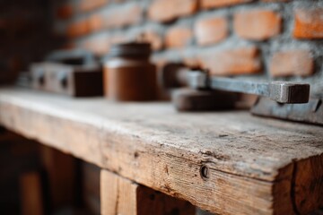 industrial-style vintage workshop corner with aged tools and machinery set against rustic brick wall