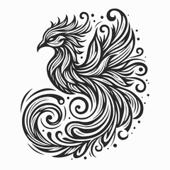 Obraz premium Stylized phoenix illustration with intricate feathers and swirling patterns in black and white