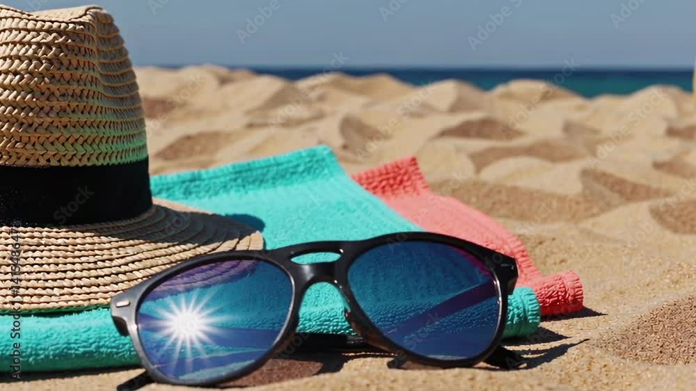 Poster Sunlight reflecting in sunglasses resting on colorful beach towel near straw hat, creating serene tropical scene with ocean waves and sandy shoreline in background