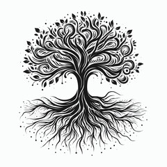 Obraz premium Intricate tree illustration with swirling branches, lush leaves, and complex roots in black and white