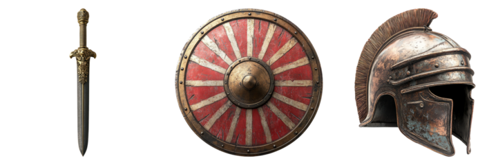 Ancient warrior sword, shield, and helmet set isolated on transparent PNG image perfect for battle games or historical themes