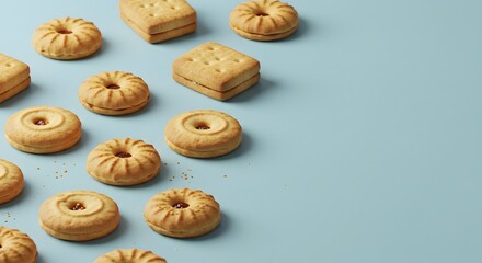 Naklejka premium Assorted Sandwich Cookies Flat Lay on Light Blue Background