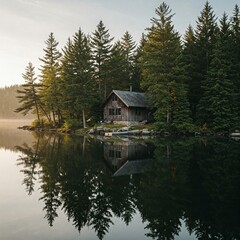 Fototapeta premium Peaceful lake house nestled between trees, water calm and still, reflections perfect, a quiet haven hidden in nature’s peaceful embrace.