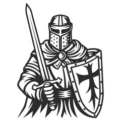 Obraz premium Medieval knight in armor with sword and heraldic shield. Monochrome old school tattoo style for battle, honor, chivalry, feudal combat, warrior theme, vintage label, medieval design.