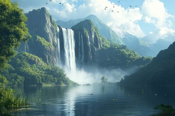 Fototapeta premium Majestic Waterfall with Mountain Lake.