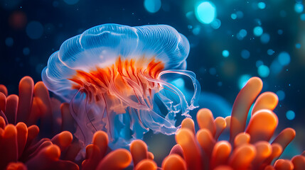 Fototapeta premium A jellyfish is floating in the ocean next to some red coral.