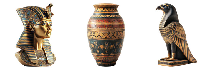 Egyptian statues including Pharaoh and birds isolated on transparent PNG image perfect for archaeology or museum visuals
