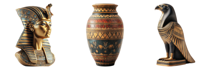 Egyptian statues including Pharaoh and birds isolated on transparent PNG image perfect for archaeology or museum visuals