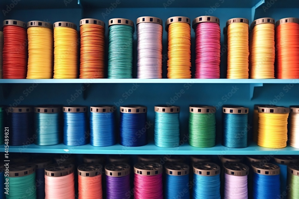 Poster many colorful spools of thread are neatly organized on shelves, showcasing a wide spectrum of vibran